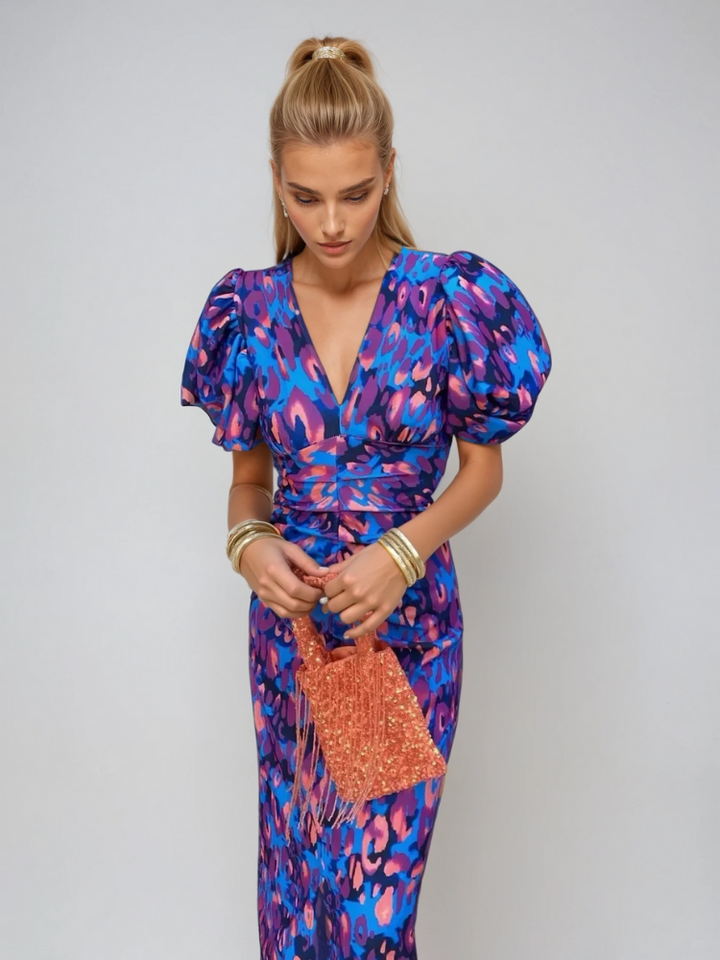 Arielle™ | Colorful midi dress with pleated sleeves